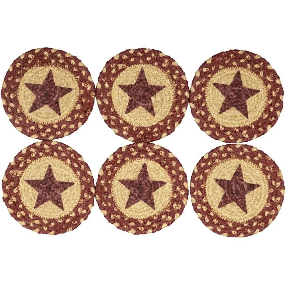 NEW! Primitive Burgundy Star Jute Braided Coaster Set of Six Farmhouse Country